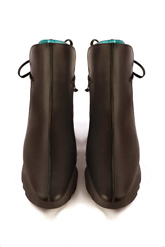 Dark brown women's ankle boots with laces at the back. Square toe. Low rubber soles. Top view - Florence KOOIJMAN